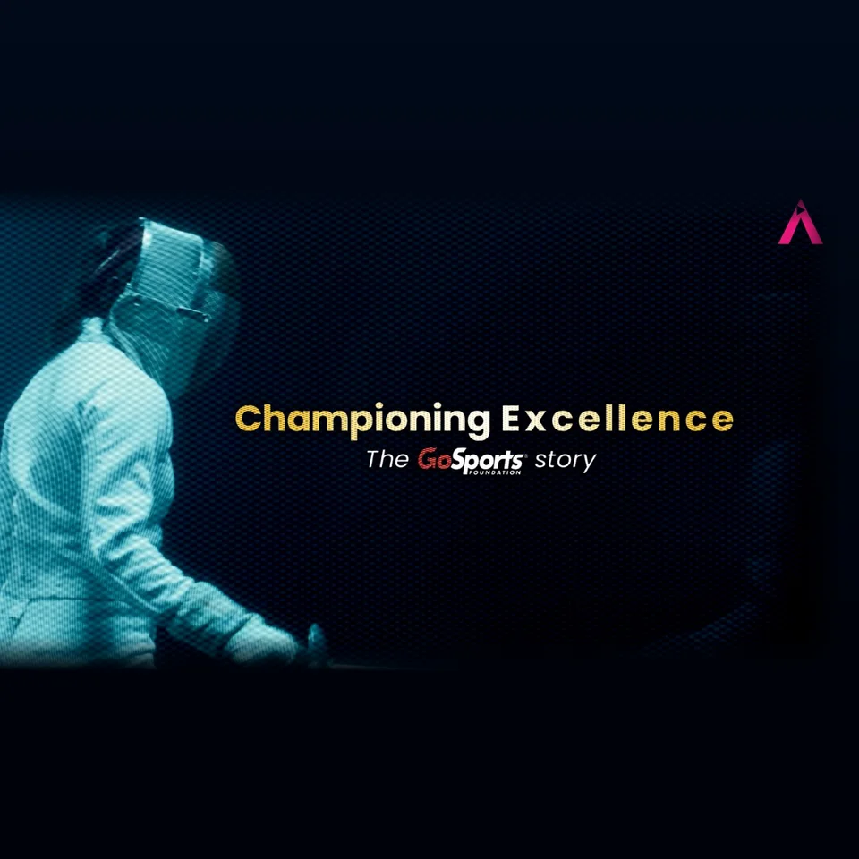 Title card reading Championing Excellence, The GoSports story, beside a fencer in a mask